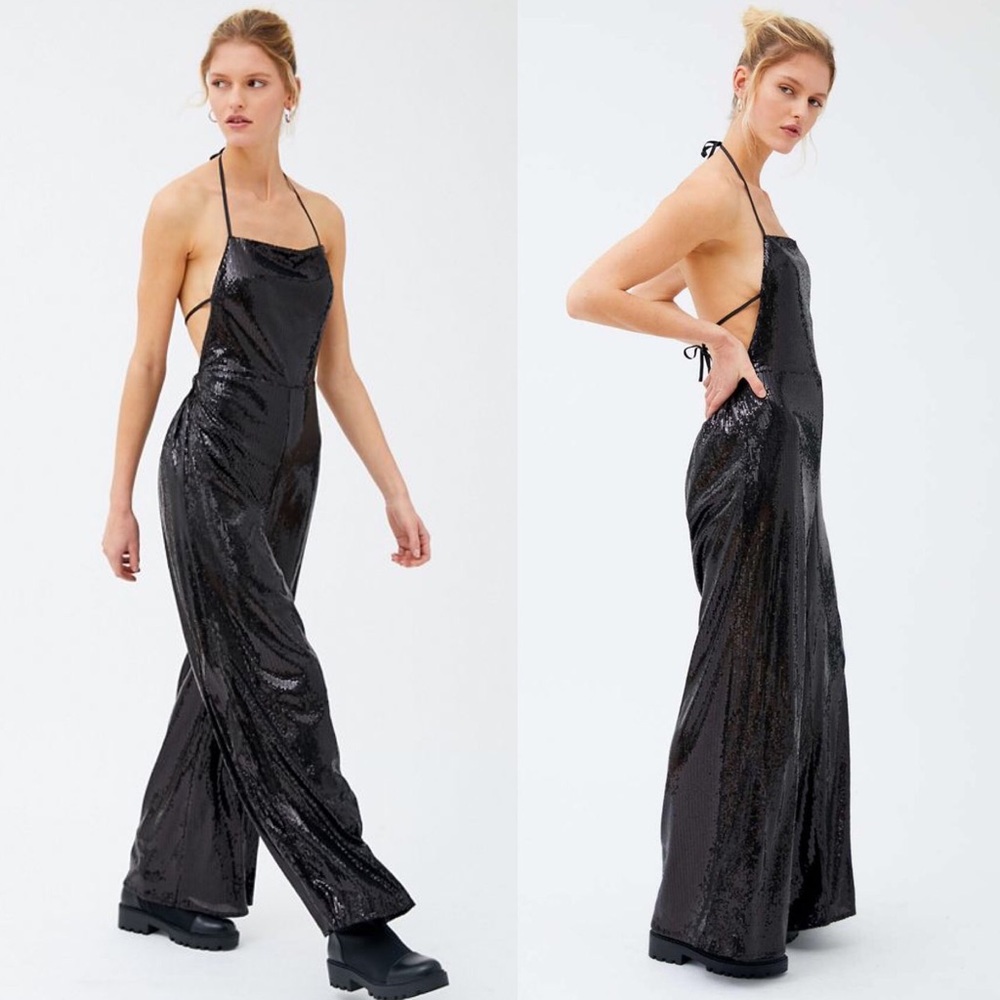 Urban Outfitters Black Sequin Halter Backless Jumpsuit - Picture 2 of 6